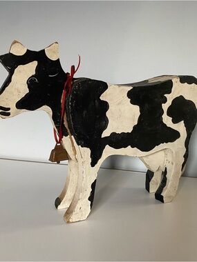 Vintage Wood Folk Art Cow Figure Hand Made Painted Rustic 9” X 12” Black White